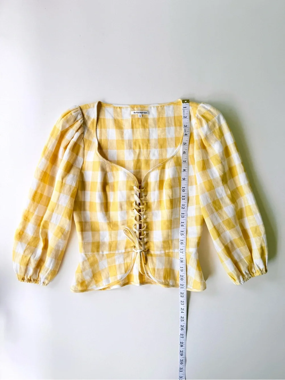 Reformation Barrett Linen Top in Dandelion Check - Corset Lace Up Yellow White 6